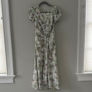 Cinq à Sept Cream, Green and Purple Floral Midi Dress